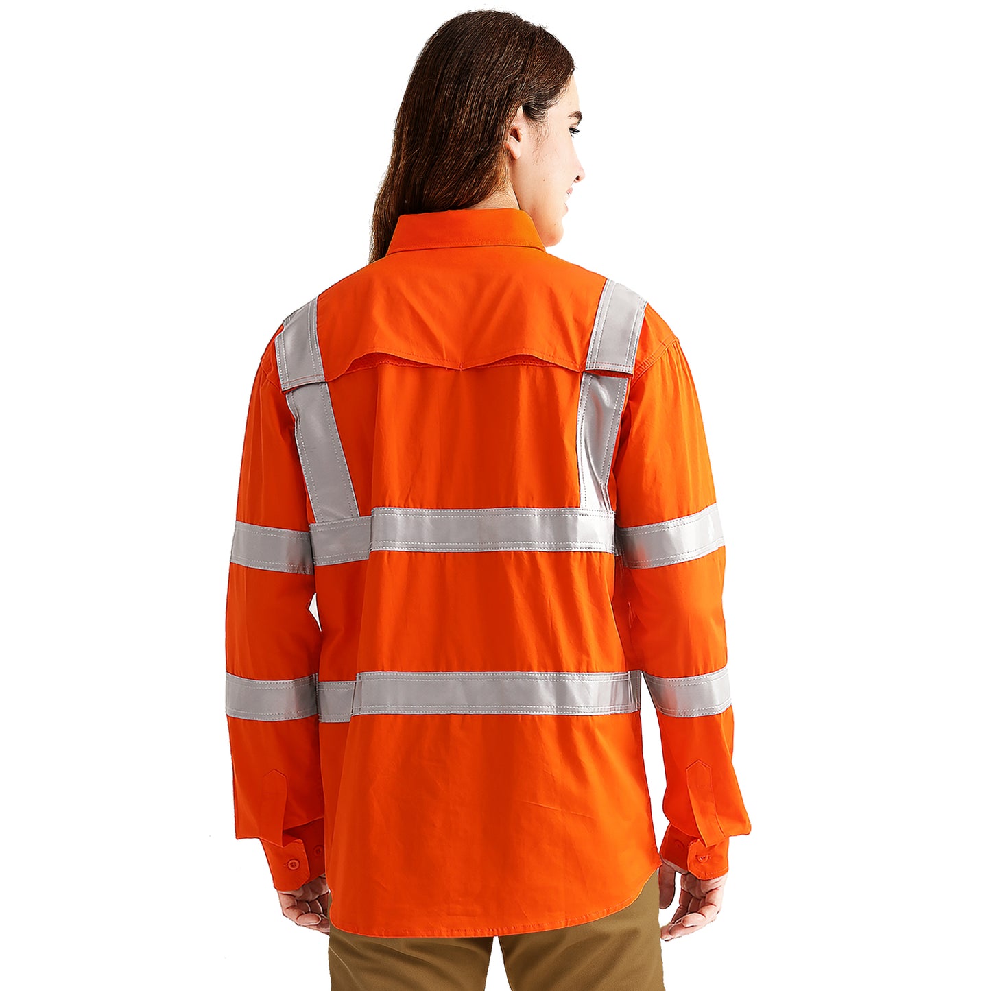 Big Bee Ladies Hi-Vis Work Shirt Orange H Pattern Reflective - Big Bee