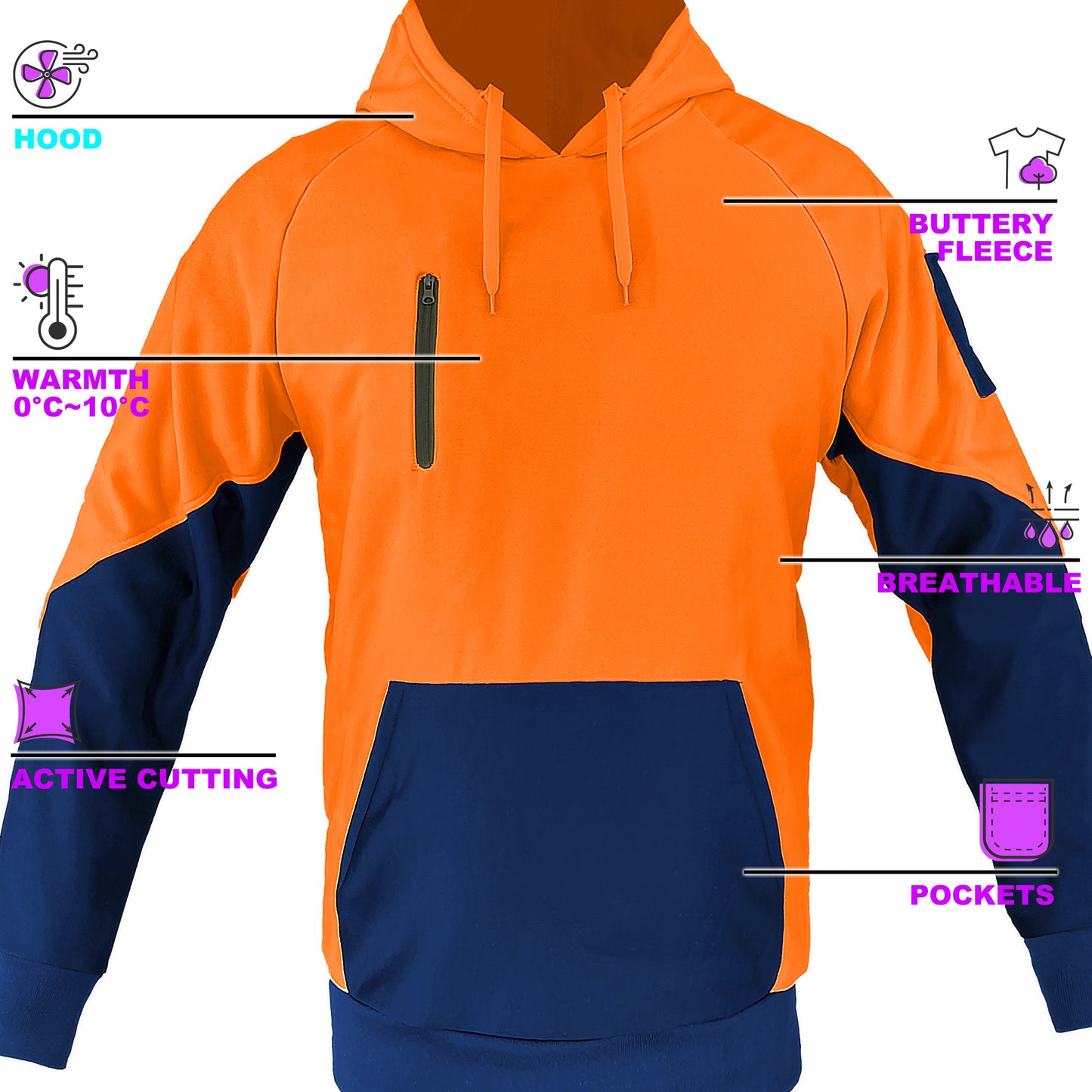 Hi Vis Warm-up Hoodie, Fleece, key features – Big Bee Workwear