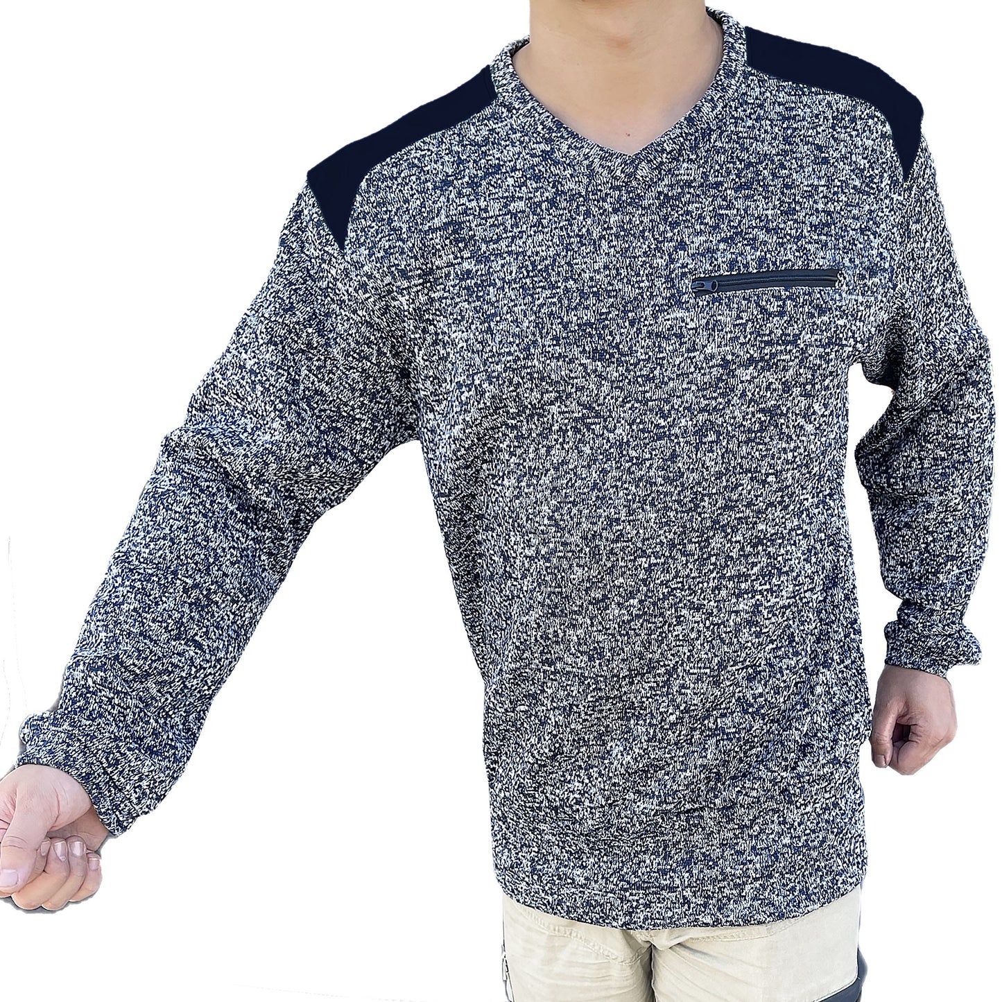 V-Neck Work jumper in Navy Blue, Fleece, model posed – Big Bee Workwear