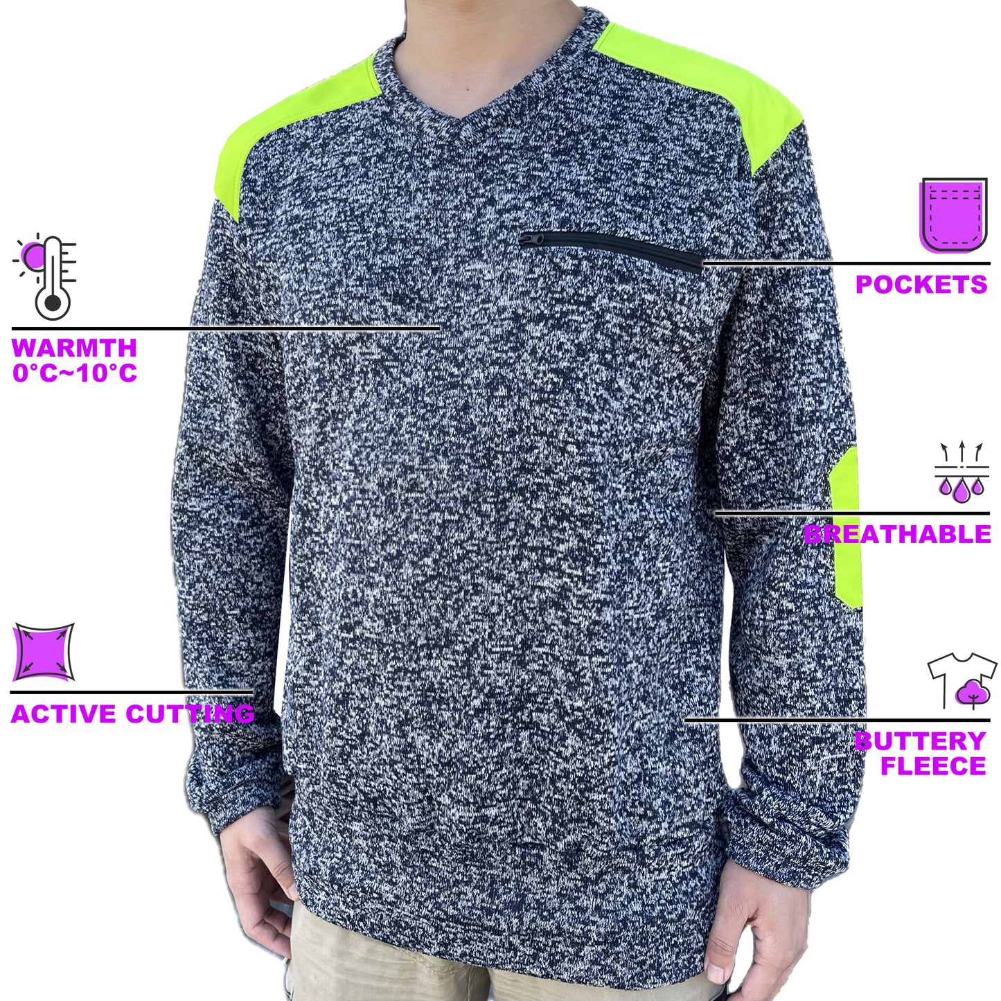 V-Neck Work jumper, Fleece, key features – Big Bee Workwear