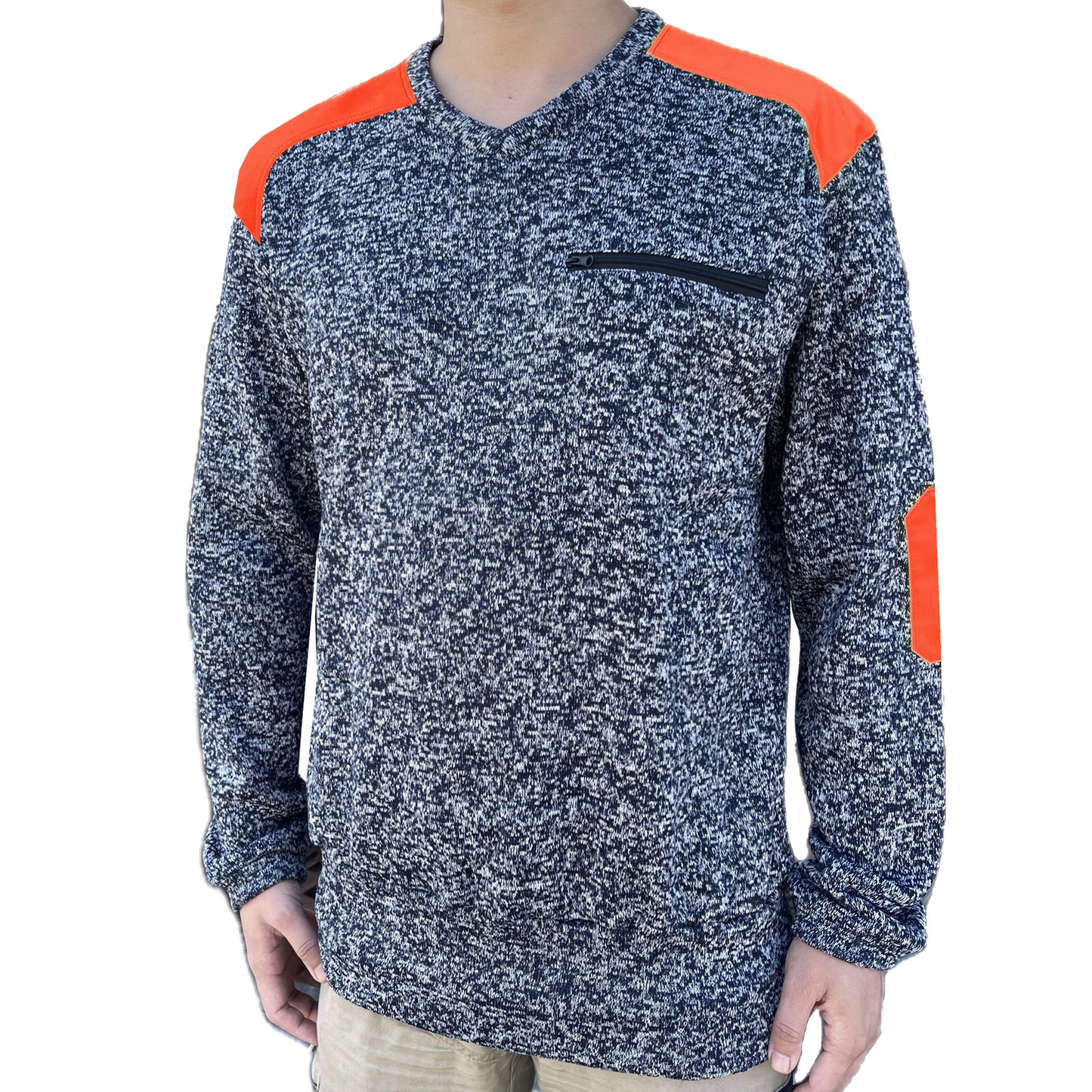 V-Neck Work jumper in orange navy, Fleece, model front – Big Bee Workwear