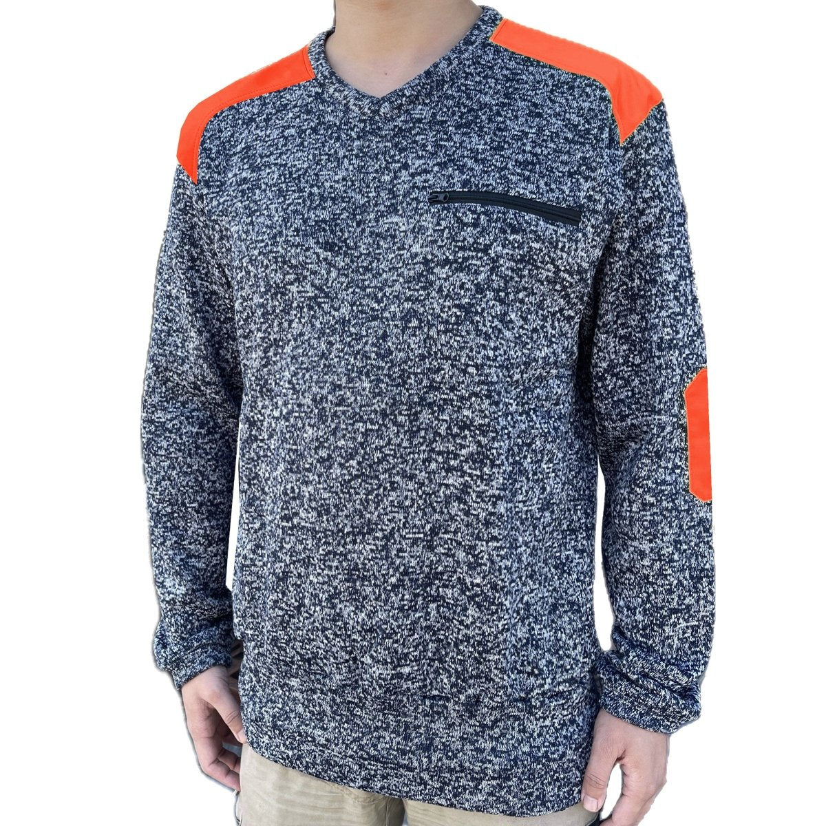 V-Neck Work jumper in orange navy, Fleece, model front – Big Bee Workwear