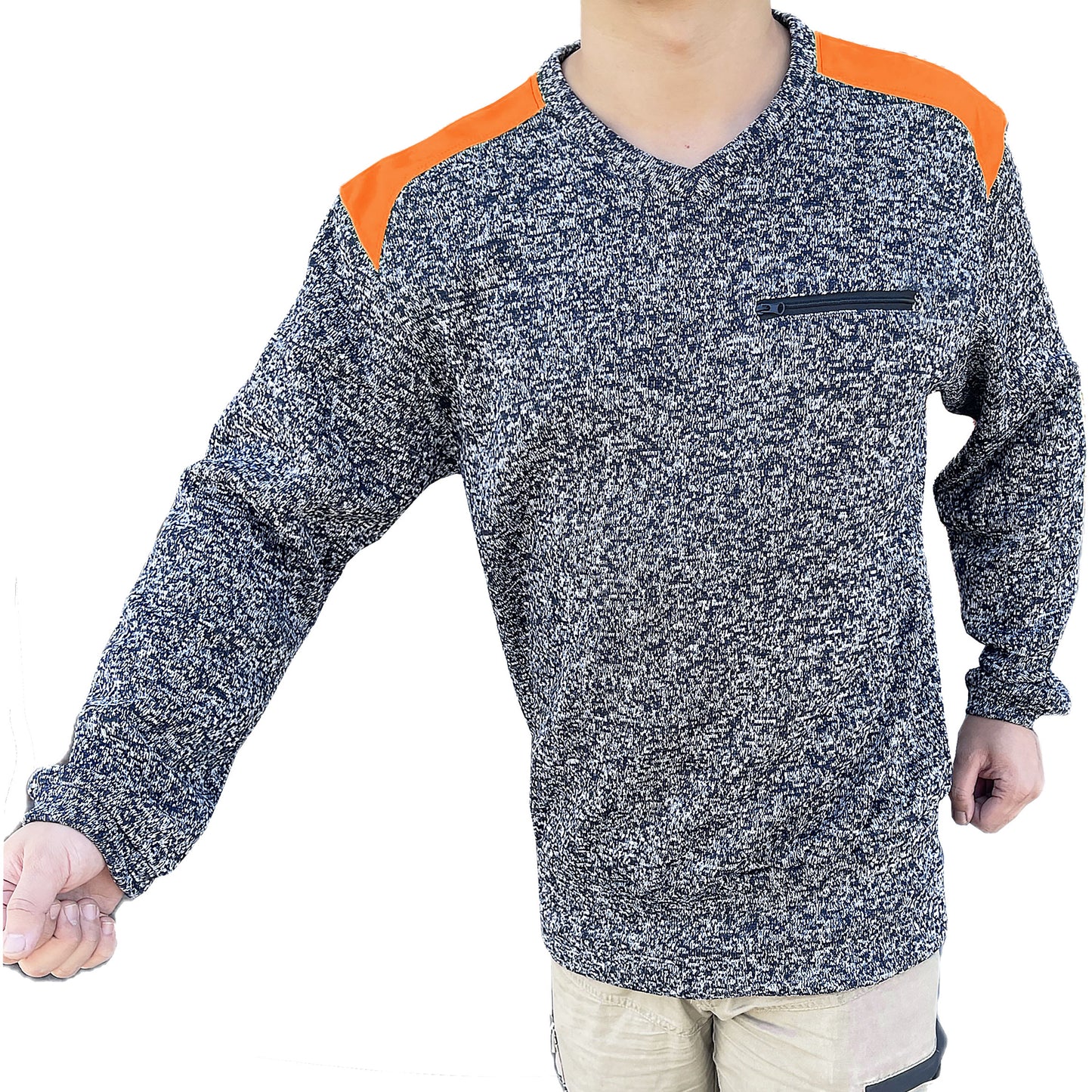 V-Neck Work jumper in orange navy, Fleece, model posed – Big Bee Workwear