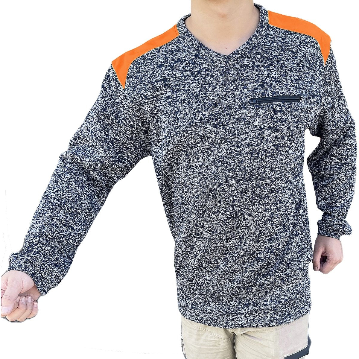 V-Neck Work jumper in orange navy, Fleece, model posed – Big Bee Workwear