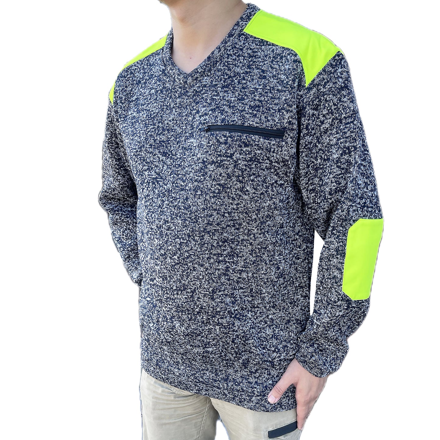 V-Neck Work jumper in yellow navy, Fleece, model front angle – Big Bee Workwear