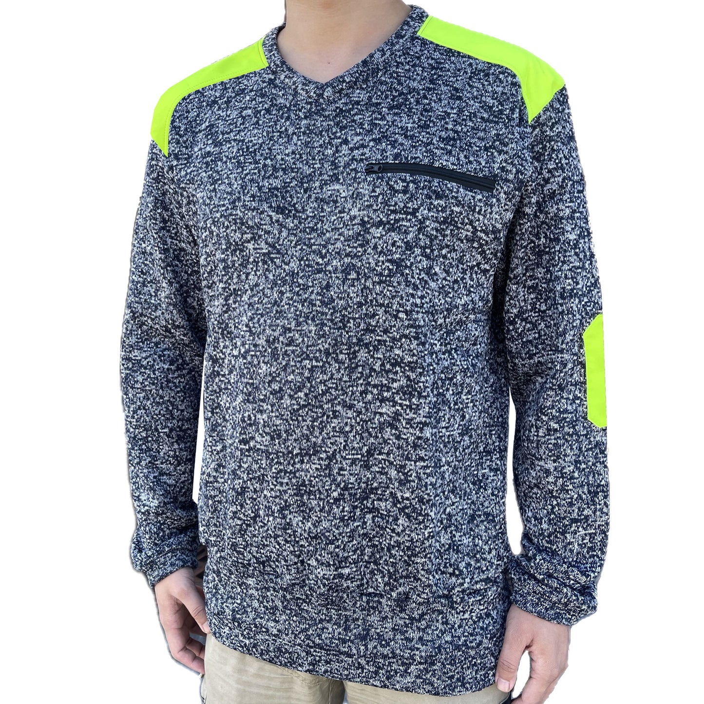 V-Neck Work jumper in yellow navy, Fleece, model front – Big Bee Workwear