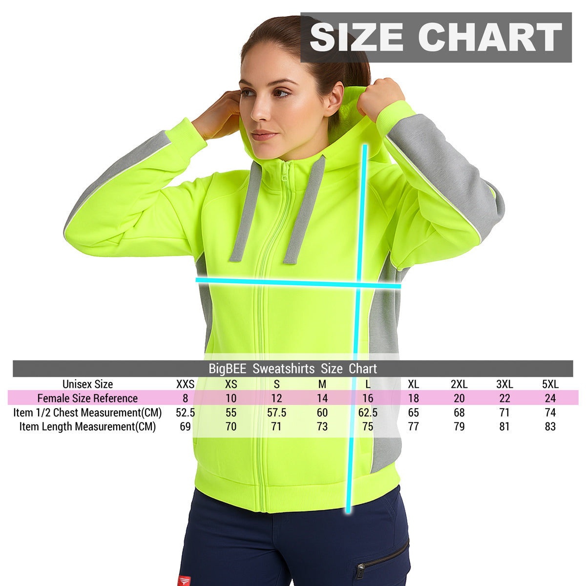 Ladies Panel Hi-Vis Work Hoodie size chart – Big Bee Workwear