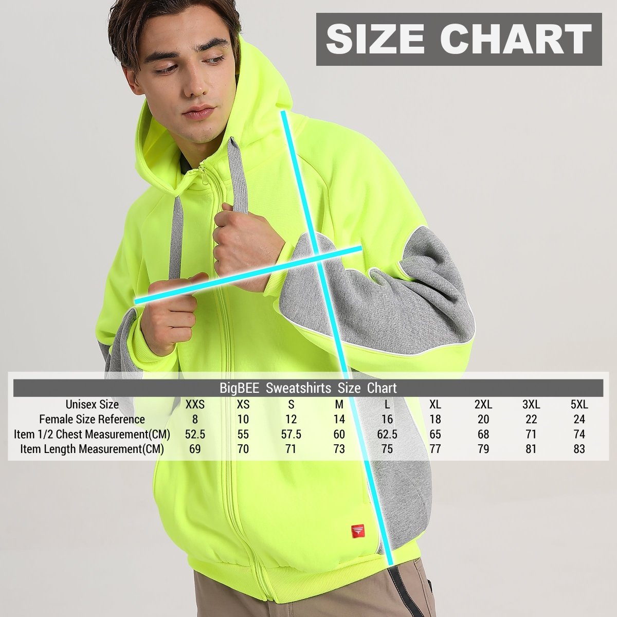 Panel Zip-Up Hi-Vis Work Hoodie size chart – Big Bee Workwear
