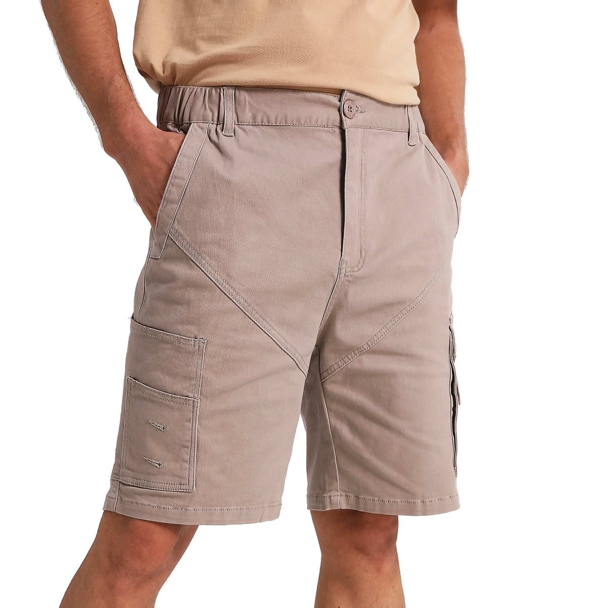 elite work shorts in khaki, model front – Big Bee Workwear