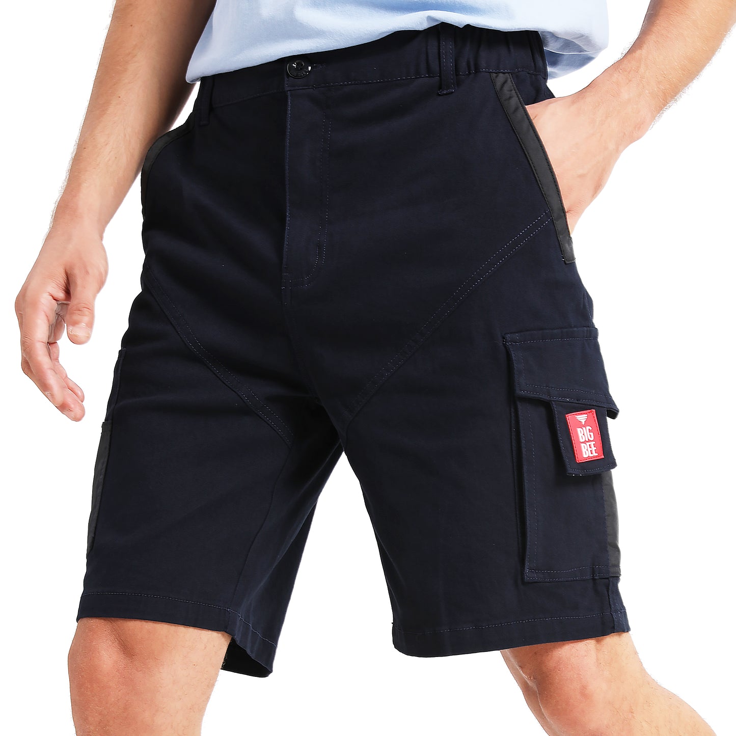 elite work shorts in navy grey, model front – Big Bee Workwear
