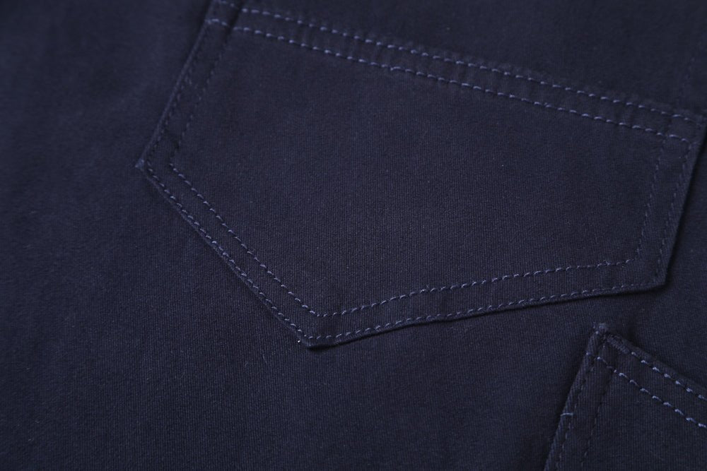 elite reflective work pants in navy reflective tape, pocket detail close-up – Big Bee Workwear
