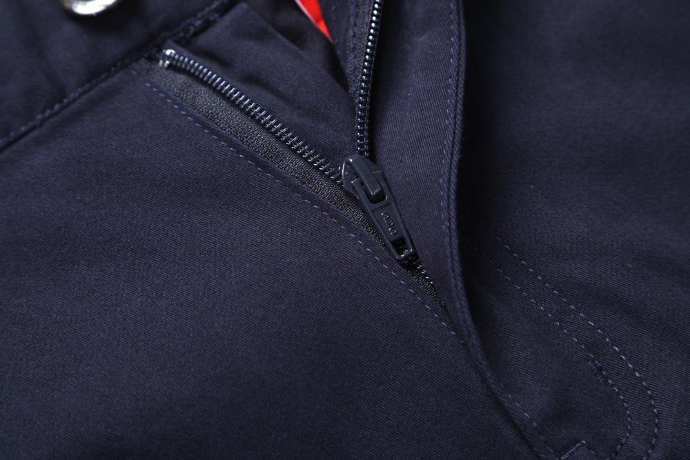 elite reflective work pants in navy reflective tape, zipper detail close-up – Big Bee Workwear
