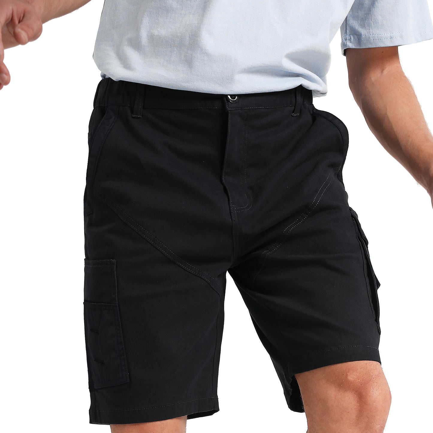 elite work shorts in black, model front – Big Bee Workwear