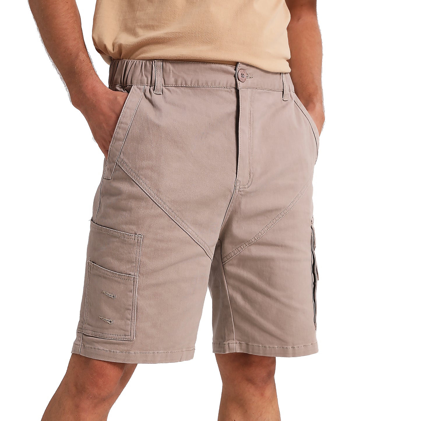 elite work shorts in khaki, model front – Big Bee Workwear