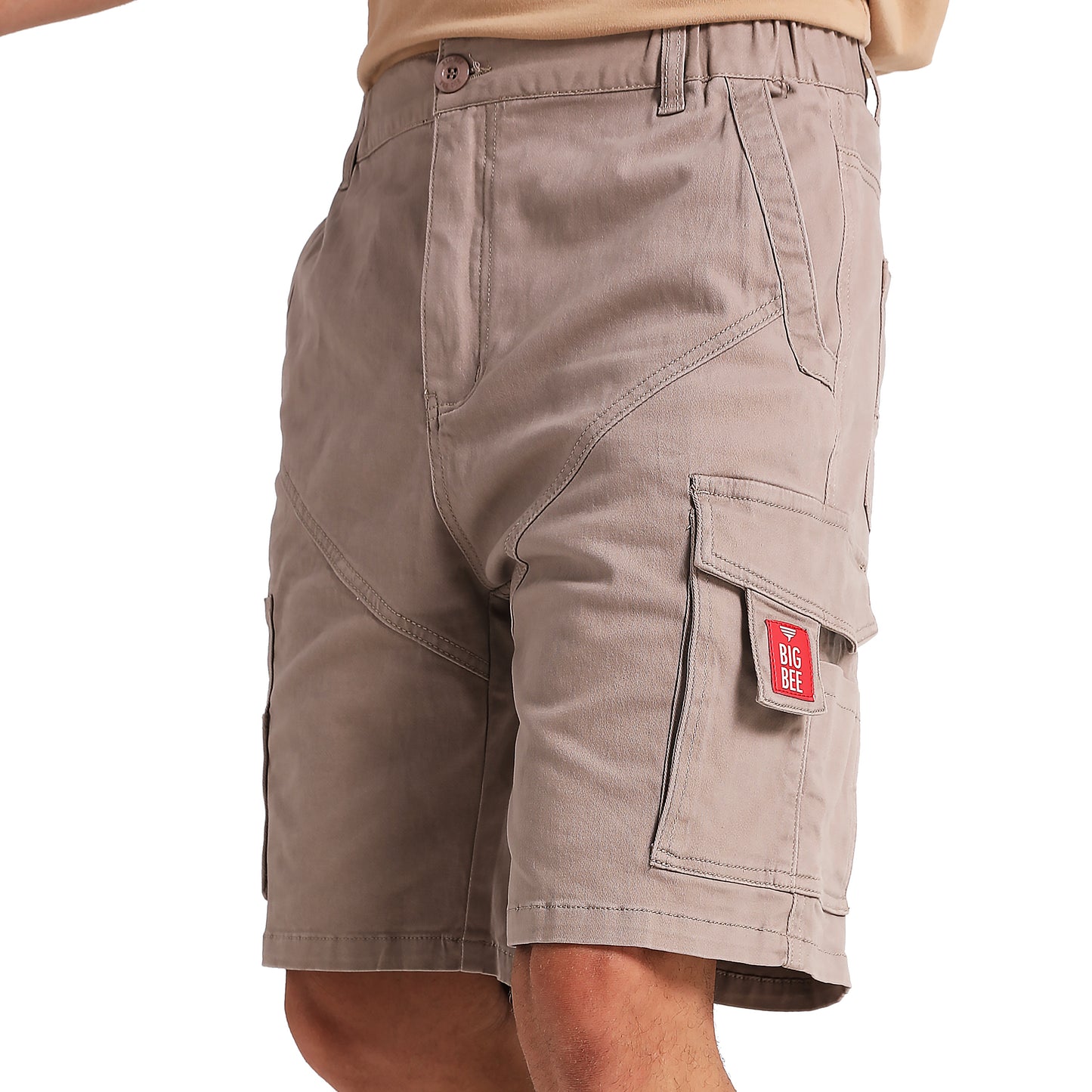 elite work shorts in khaki, model side – Big Bee Workwear