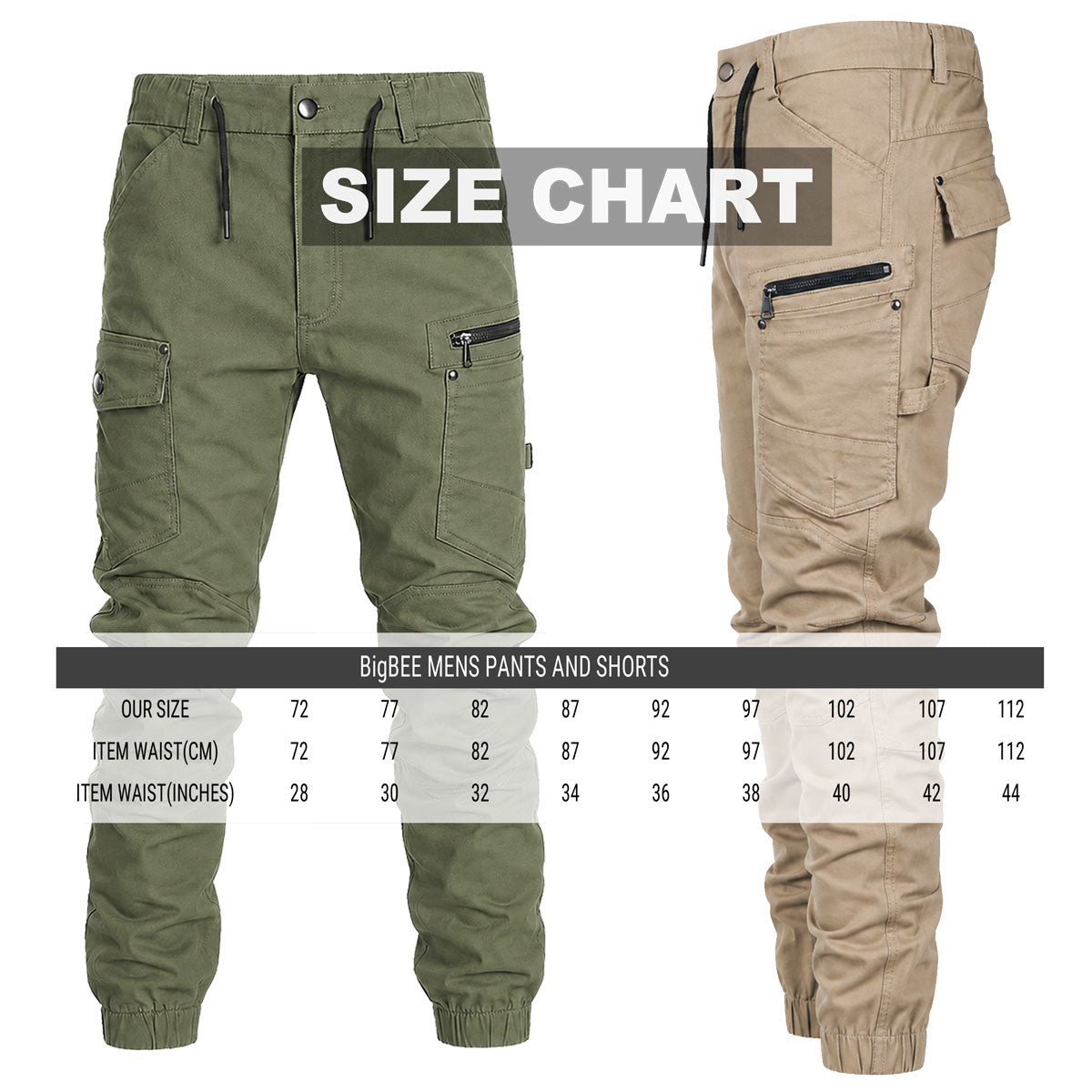 Big Bee Mens Utility Cargo Pants – Ankle Cuffed Stretch Cotton Drill size chart