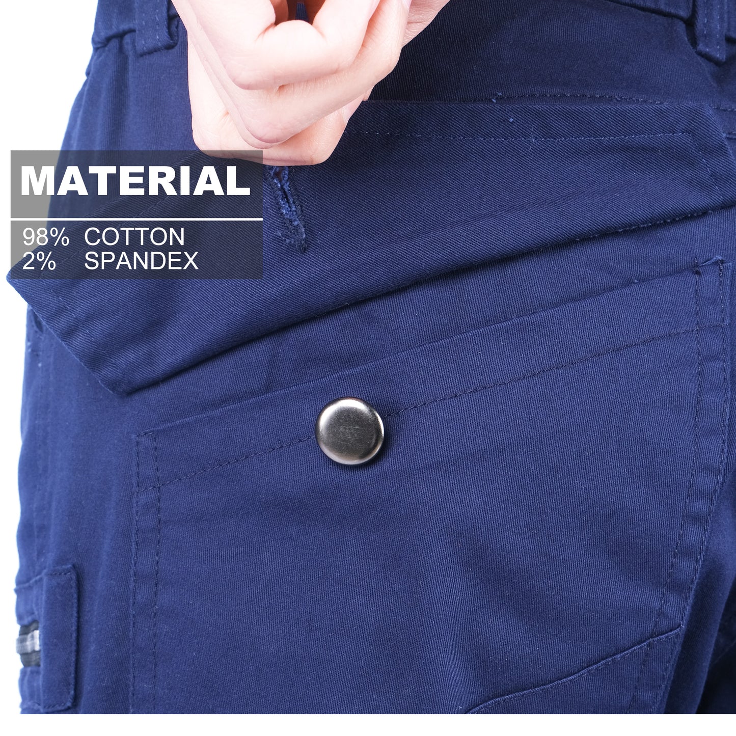 utility work shorts fabric close-up with info – Big Bee Workwear