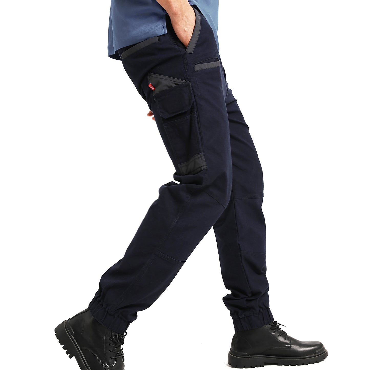brumby work pants in navy blue, model side – Big Bee Workwear