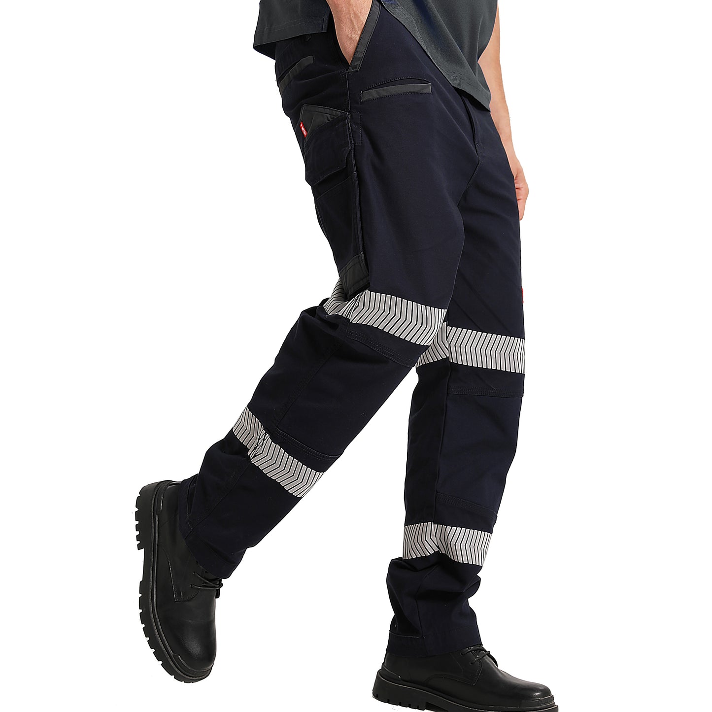 brumby work pants in navy reflective tape, model side – Big Bee Workwear
