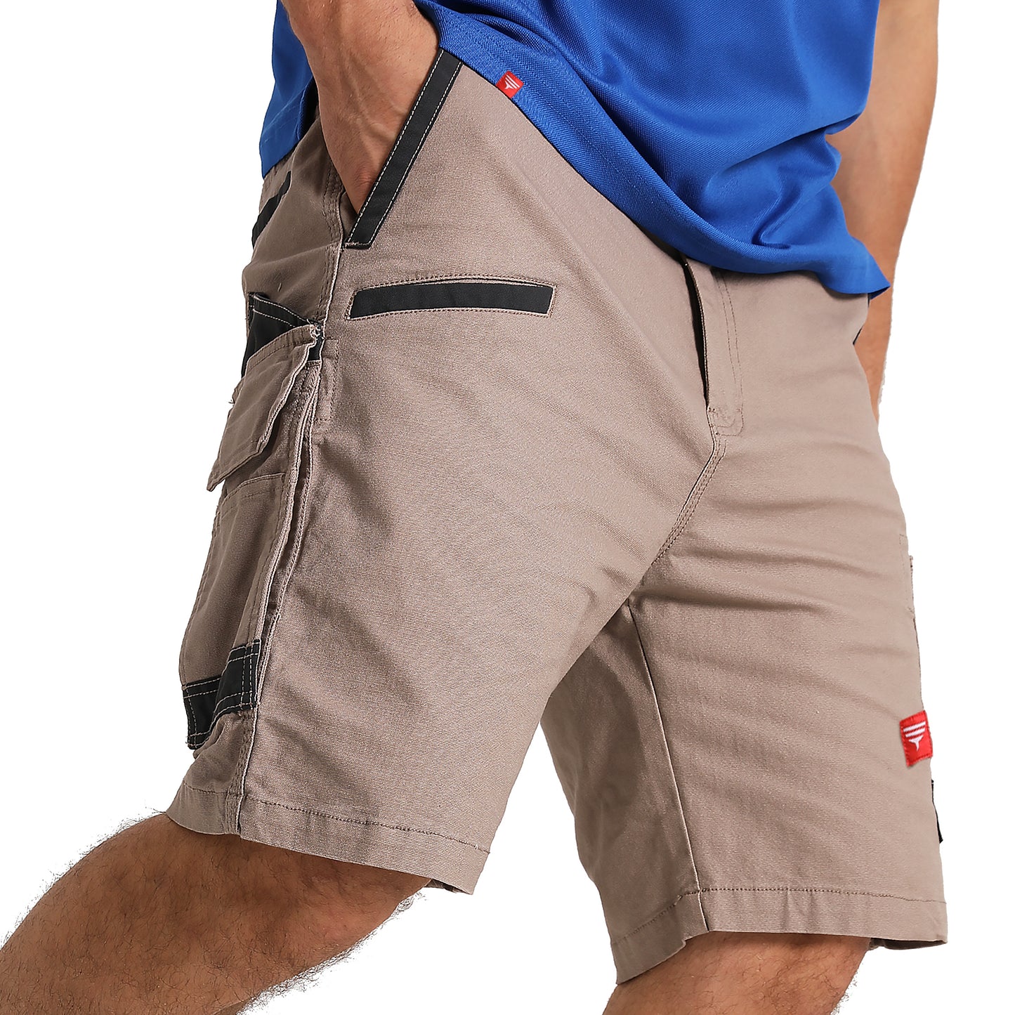 brumby work shorts in khaki, model front angle – Big Bee Workwear