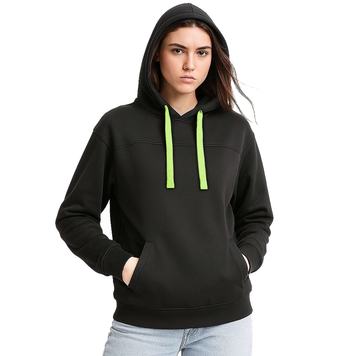 ladies fly hoodie in Black with green lime, model front – Big Bee Workwear