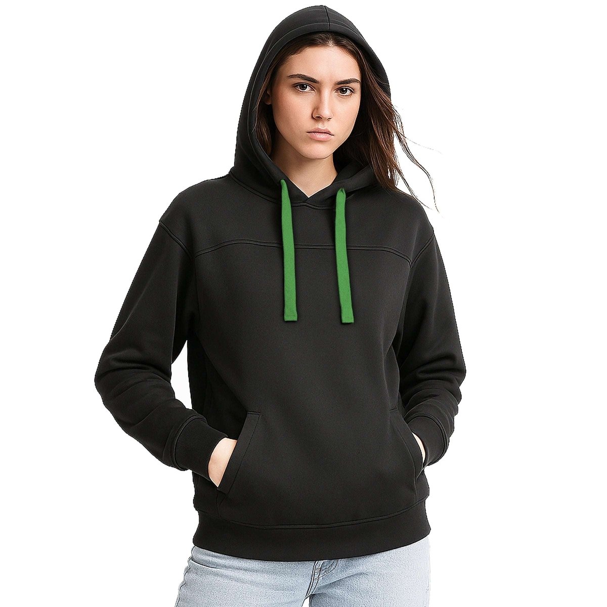 ladies fly hoodie in Black with green, model front – Big Bee Workwear