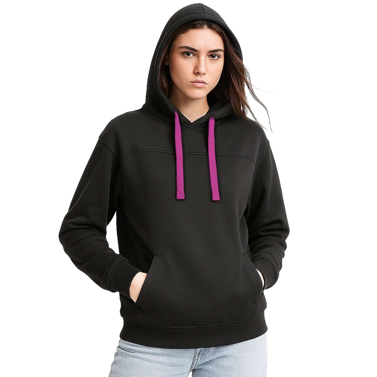 ladies fly hoodie in Black with pink magenta, model front – Big Bee Workwear