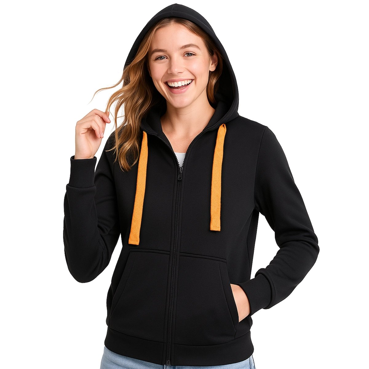 ladies wonder zip hoodie in Black with orange, model front – Big Bee Workwear