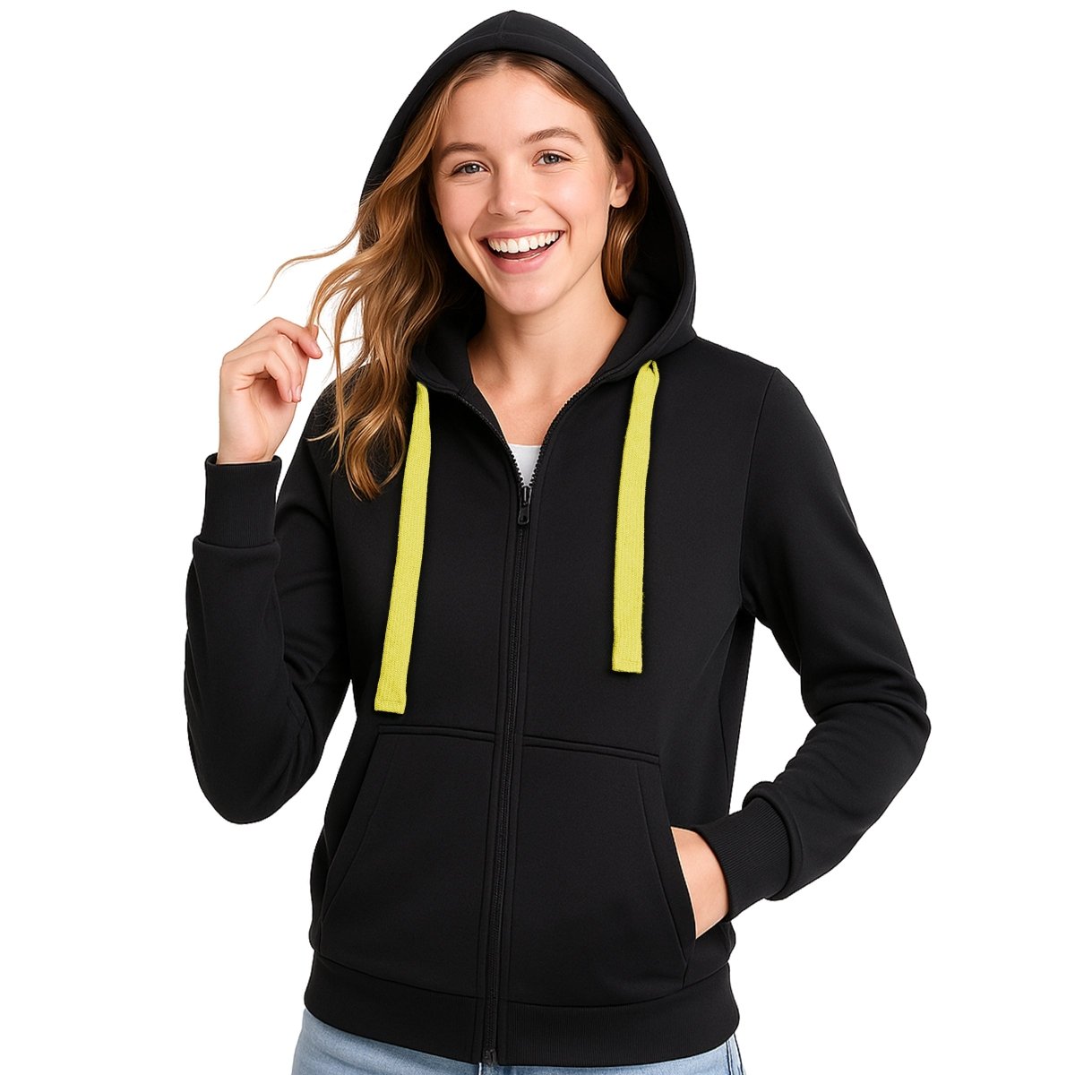 ladies wonder zip hoodie in Black with yellow, model front – Big Bee Workwear