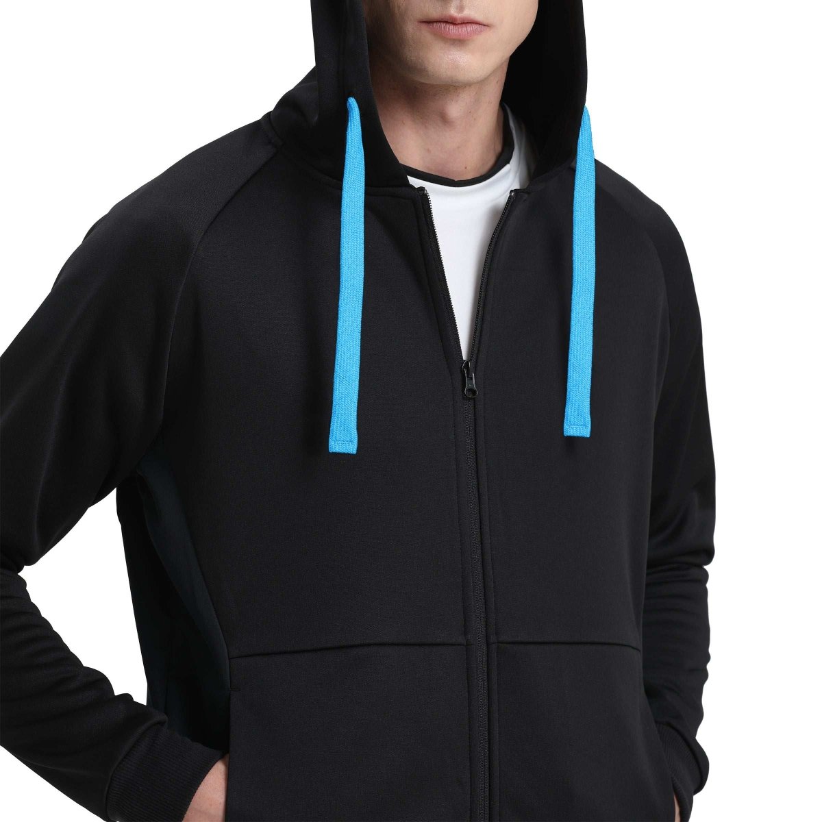 wonder zip hoodie in Black with Aqua Blue, model posed – Big Bee Workwear