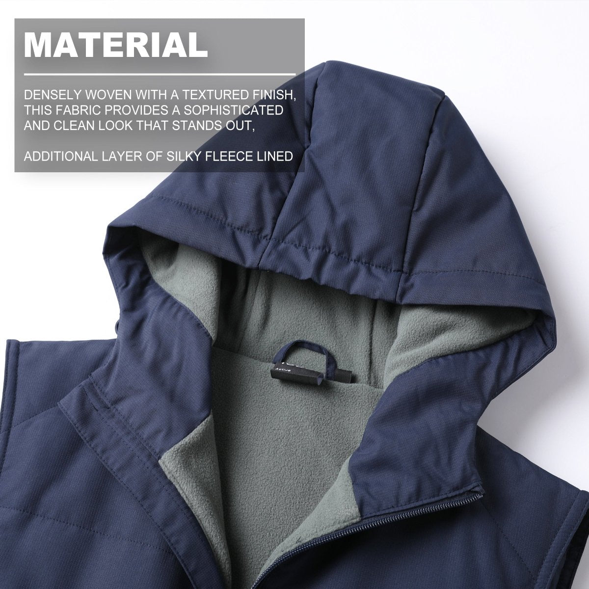 essential puffer vest fabric close-up with info – ISUSI