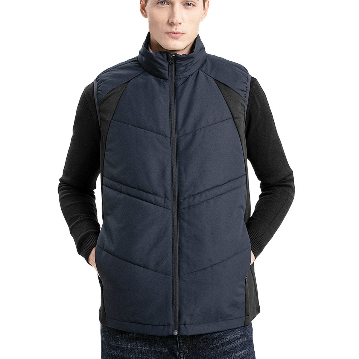 elite puffer vest in blue-navy, model front – ISUSI