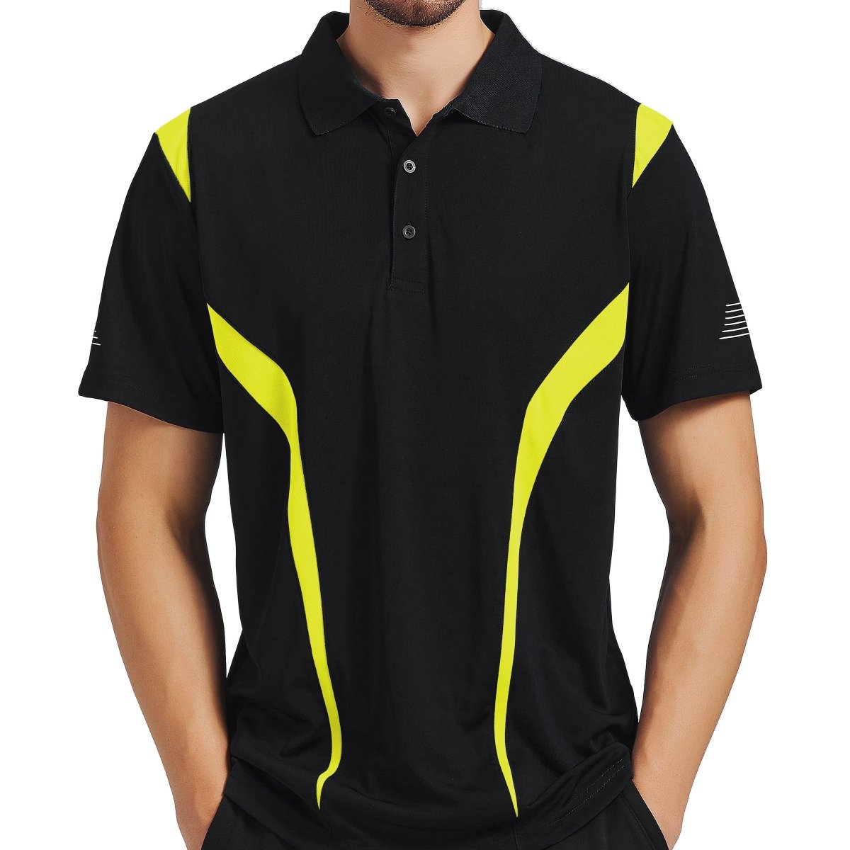 summit polo shirt in Black with yellow gold, model front – Big Bee Workwear