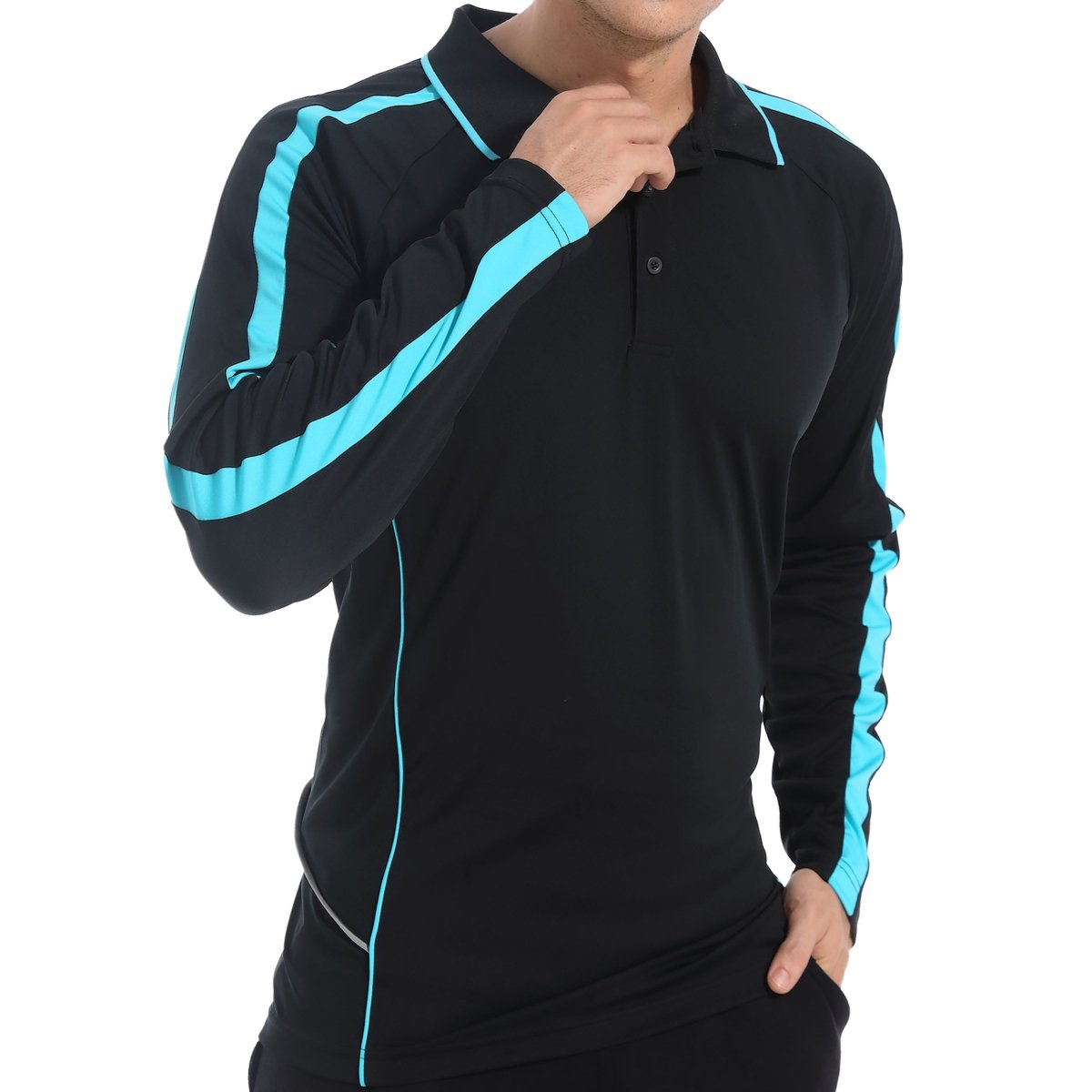 flow polo shirt in Black with Aqua Blue, model posed – Big Bee Workwear
