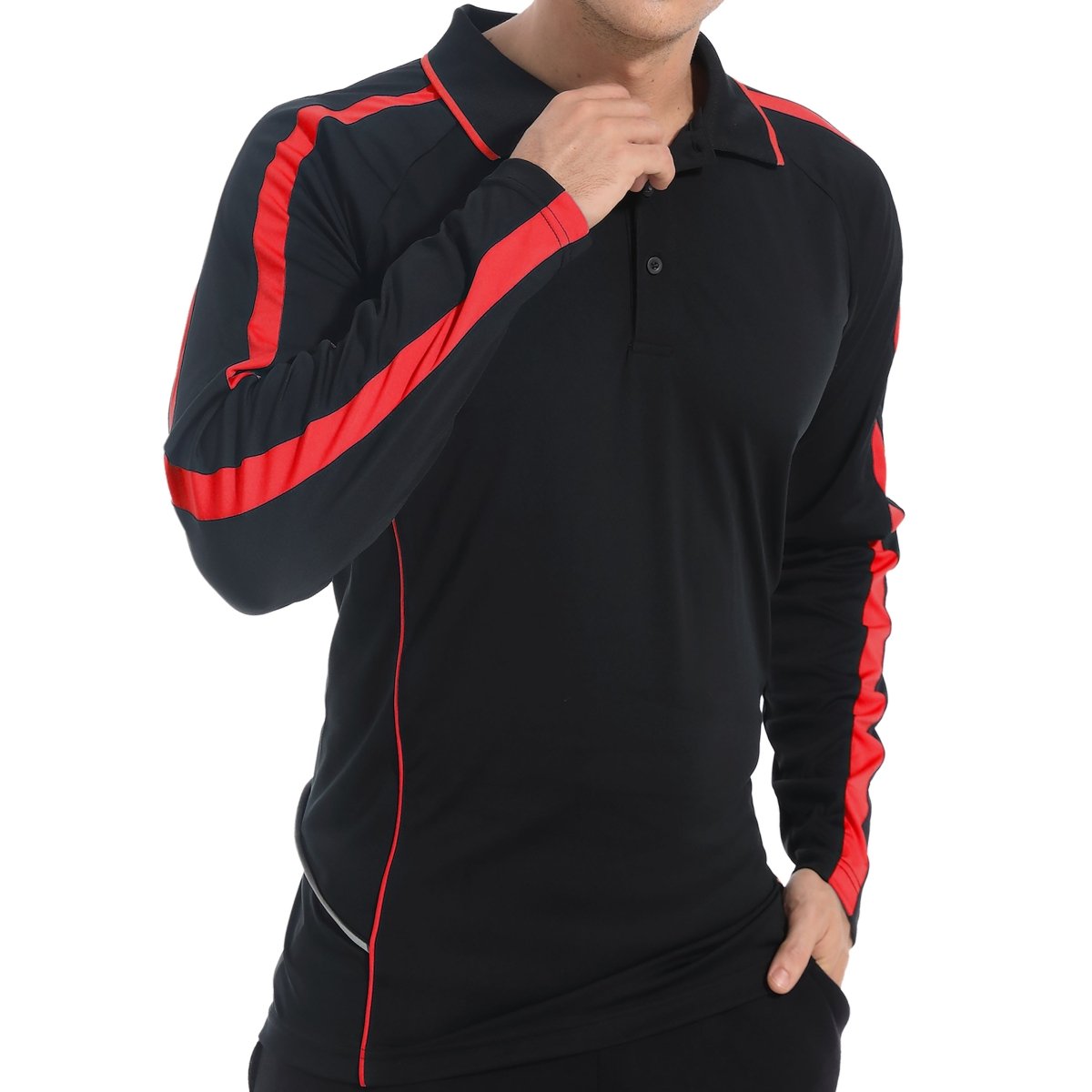 flow polo shirt in Black with red, model posed – Big Bee Workwear