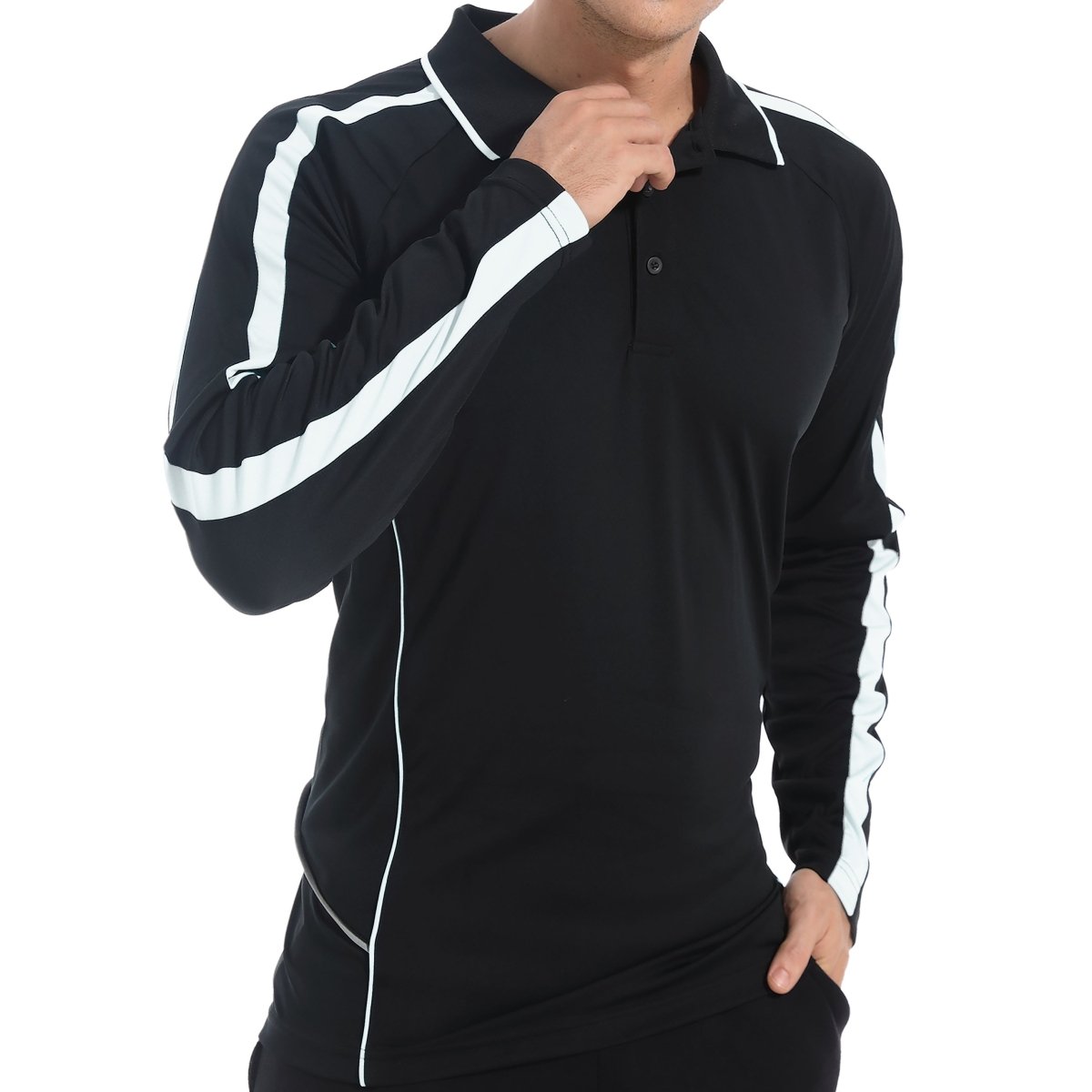 flow polo shirt in Black with white, model posed – Big Bee Workwear