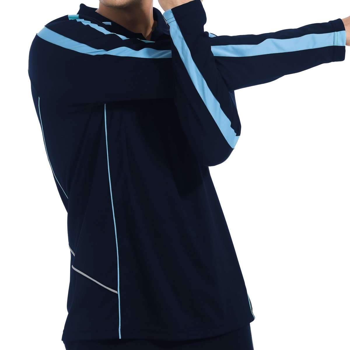 flow polo shirt in navy sky blue, model posed – Big Bee Workwear