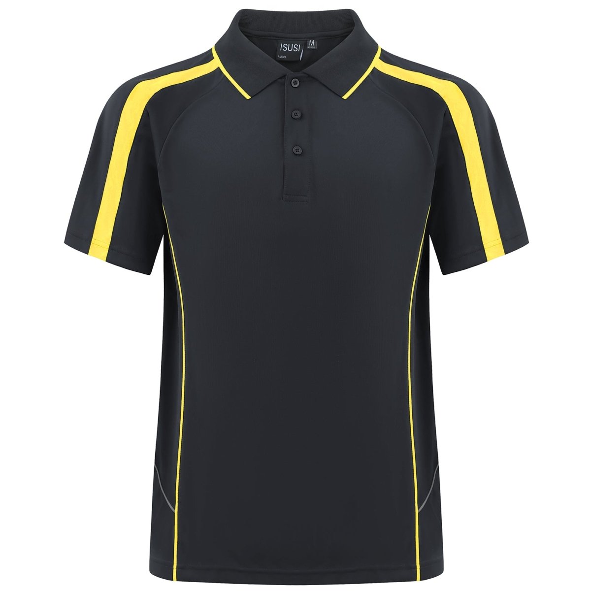 flow polo shirt in Black with yellow gold, front – Big Bee Workwear