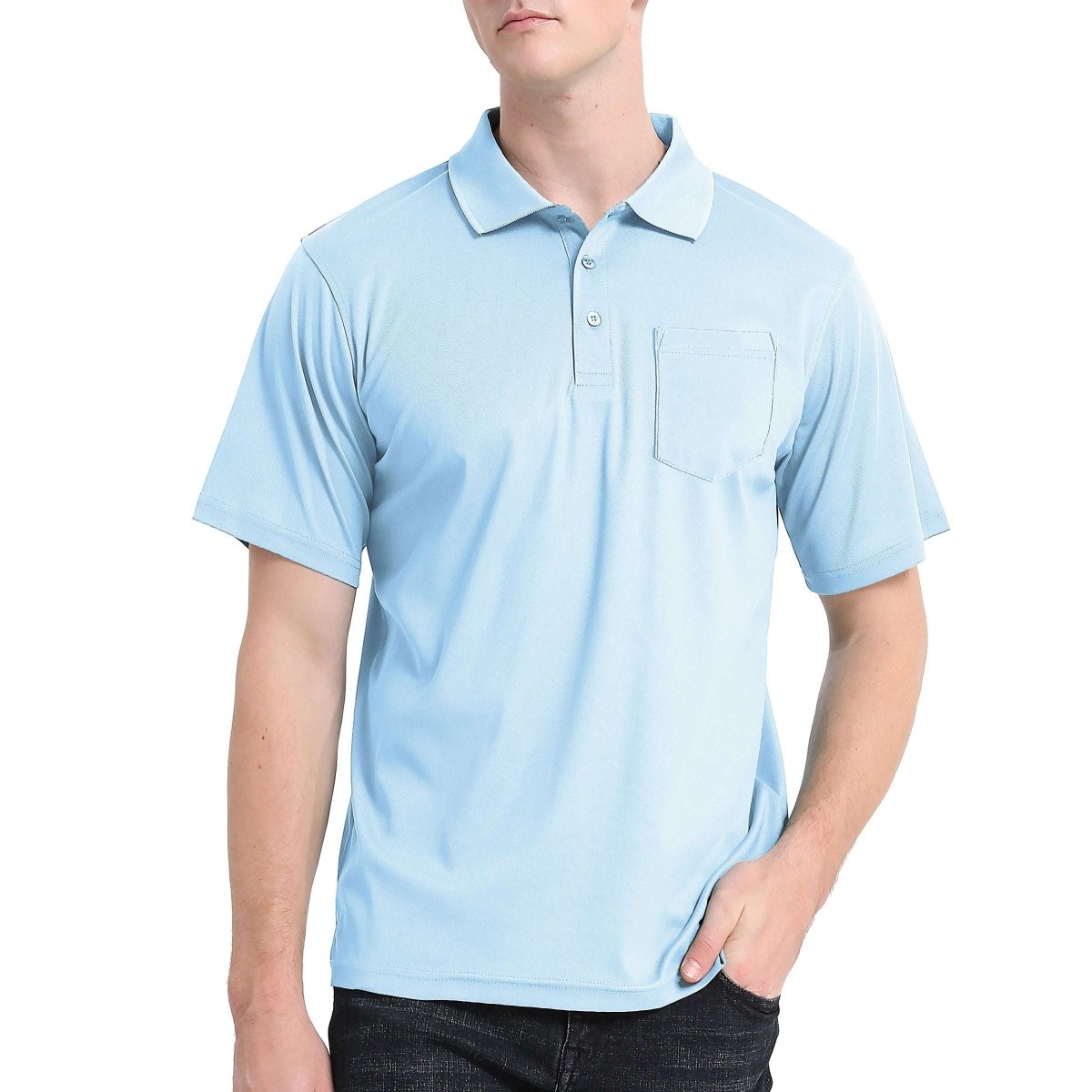 cotton blend polo shirt in Sky Blue, model front – Big Bee Workwear