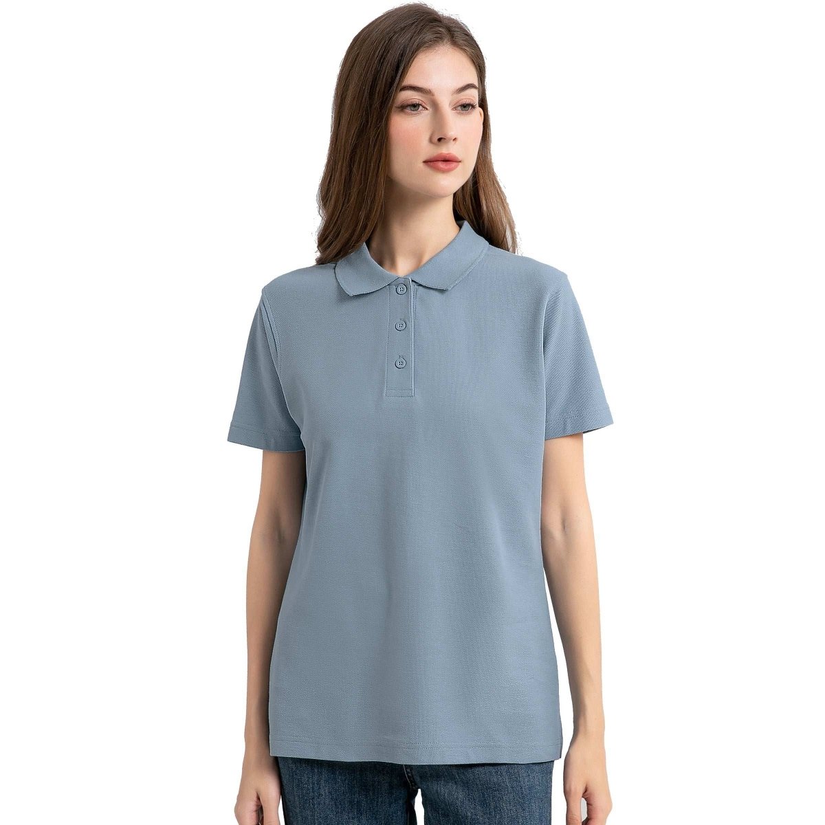 cotton blend polo shirt in blue natural, model front – Big Bee Workwear