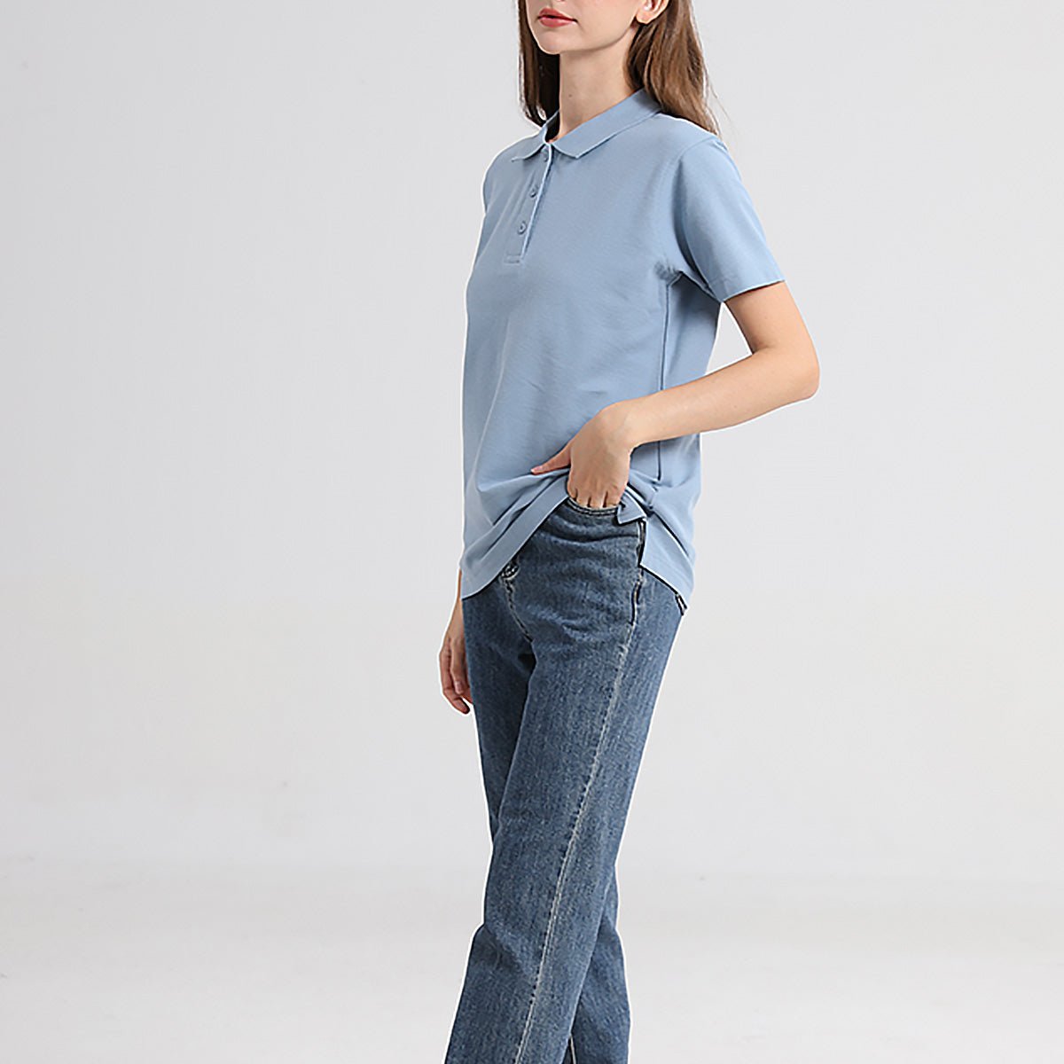 cotton blend polo shirt in blue natural, model posed – Big Bee Workwear