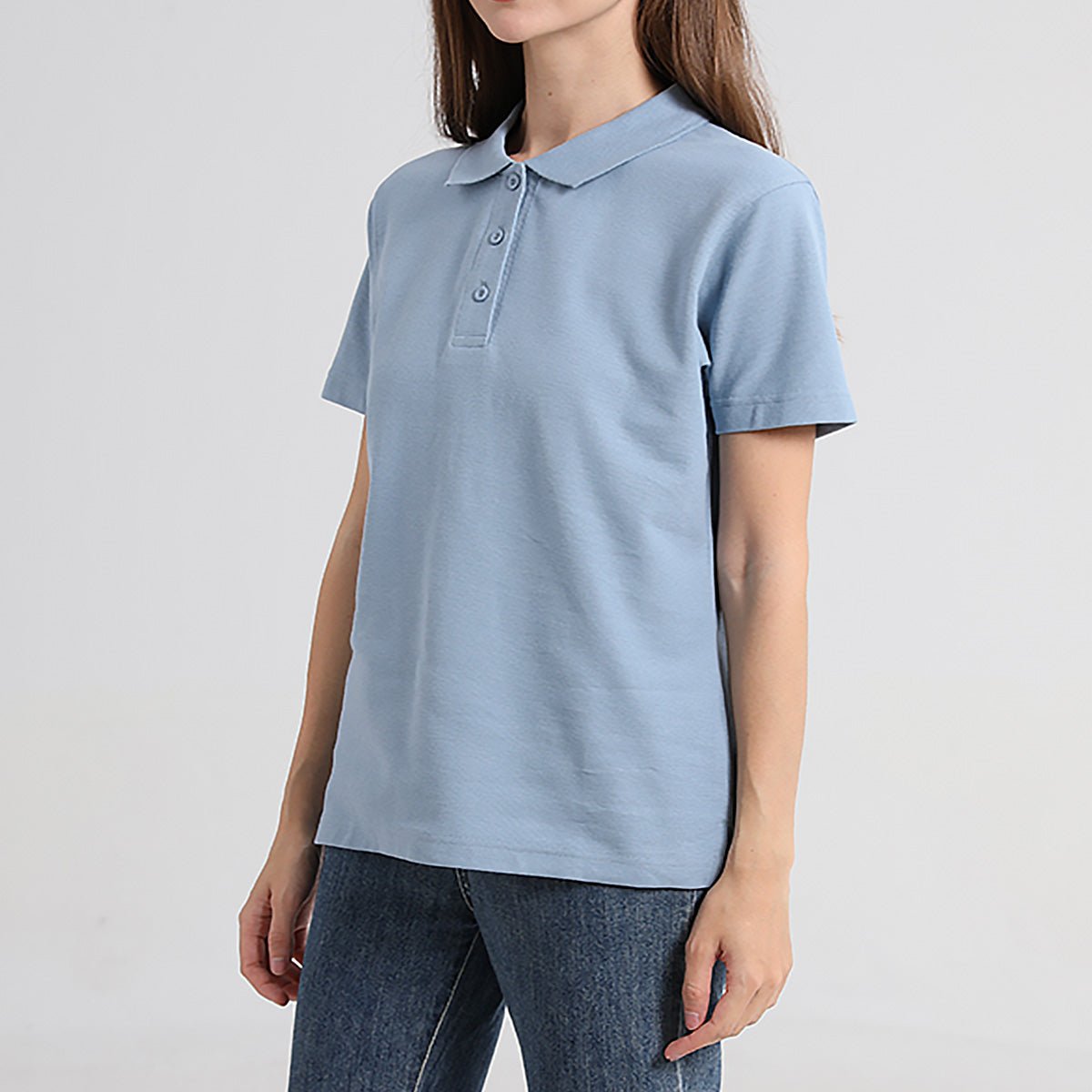 cotton blend polo shirt in blue natural, model side – Big Bee Workwear