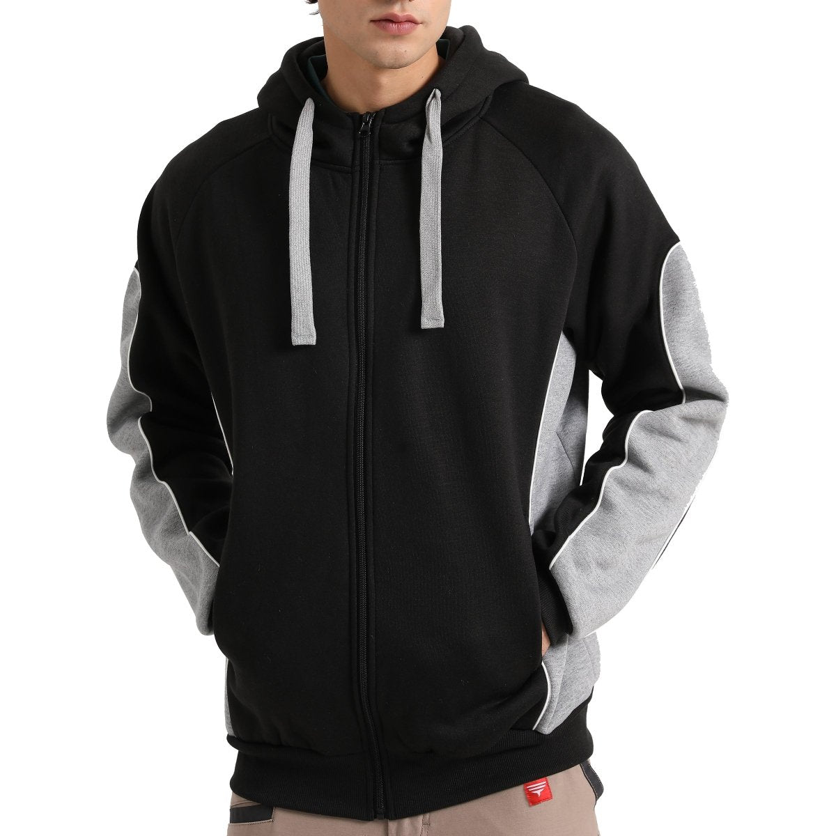 "Panel Full Zip Hoodie Jumper in Black with grey, Contrast Sleeve, model front – Big Bee Workwear"
