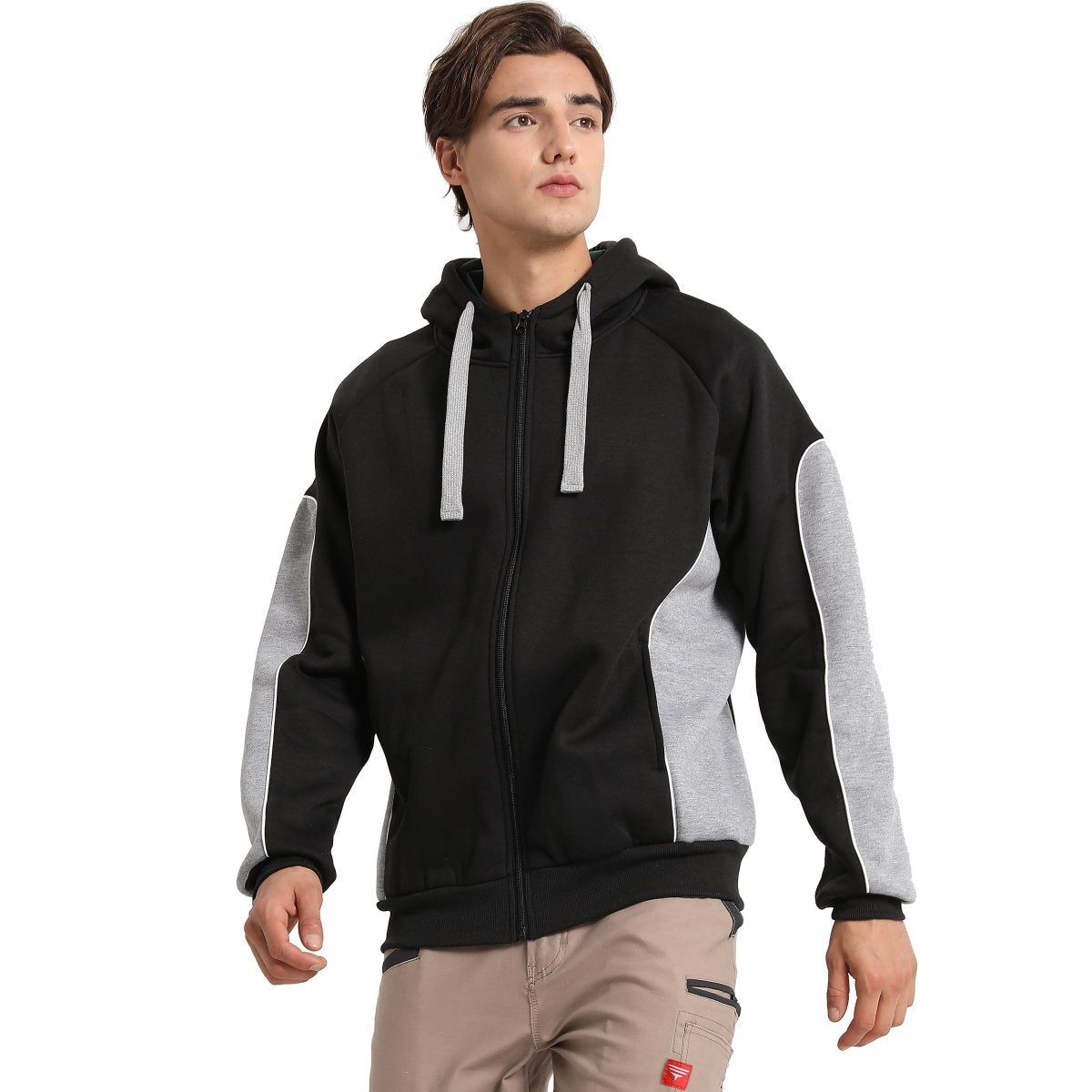 "Panel Full Zip Hoodie Jumper in Black with grey, Contrast Sleeve, model side – Big Bee Workwear"