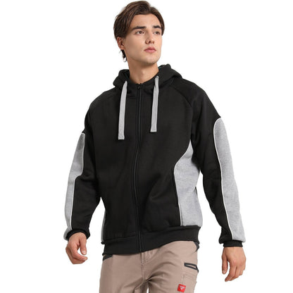 "Panel Full Zip Hoodie Jumper in Black with grey, Contrast Sleeve, model side – Big Bee Workwear"