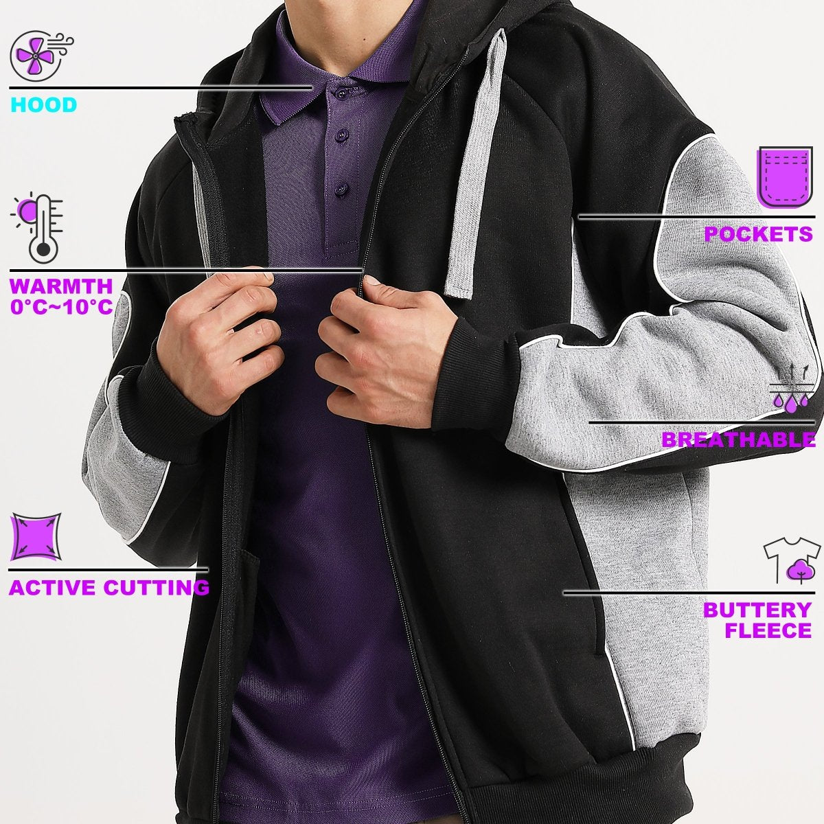 "Panel Full Zip Hoodie Jumper, Contrast Sleeve, key features – Big Bee Workwear"