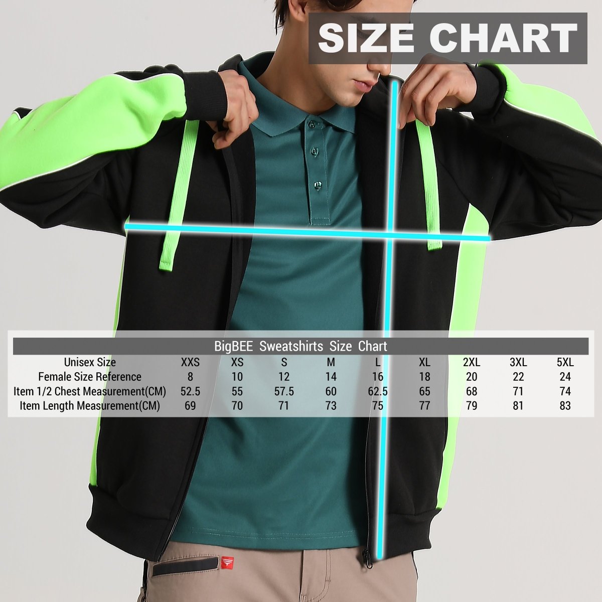 Panel Full Zip Hoodie Jumper, Contrast Sleeve, size chart – Big Bee Workwear