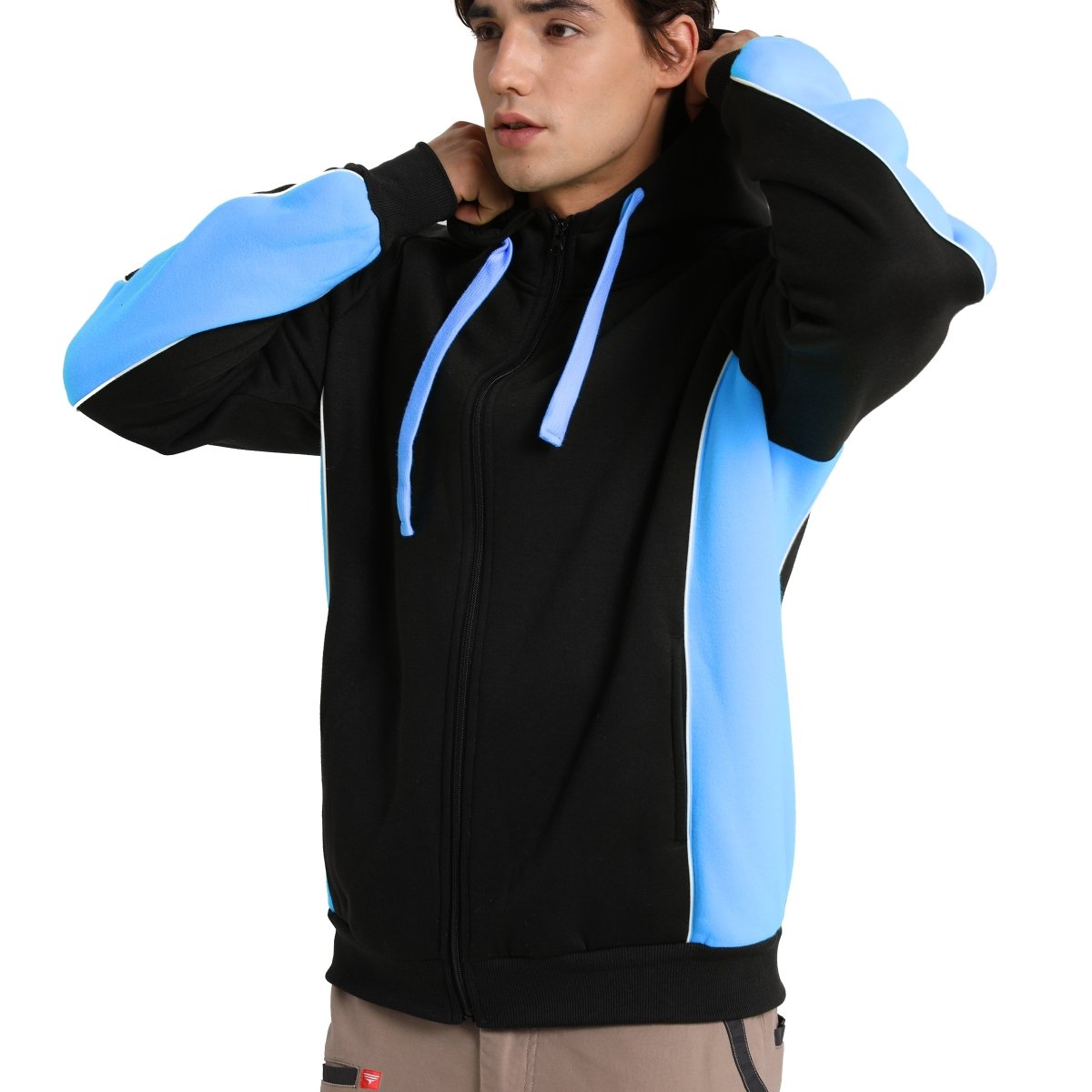 "Panel Full Zip Hoodie Jumper in Black with Aqua Blue, Contrast Sleeve, model side – Big Bee Workwear"