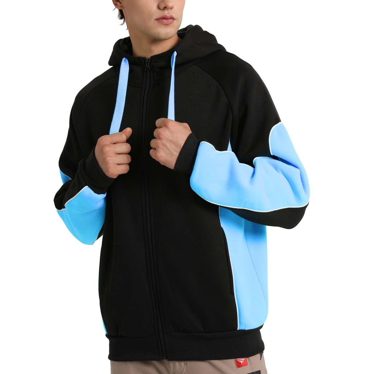 "Panel Full Zip Hoodie Jumper in Black with Aqua Blue, Contrast Sleeve, model front – Big Bee Workwear"