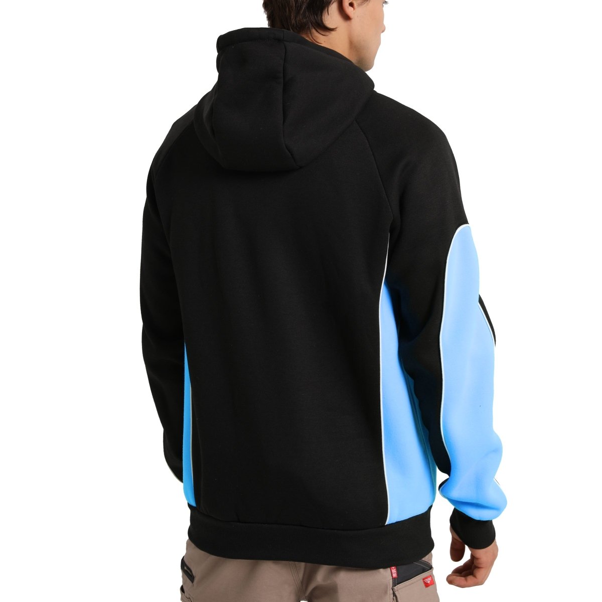 "Panel Full Zip Hoodie Jumper in Black with Aqua Blue, Contrast Sleeve, model back – Big Bee Workwear"